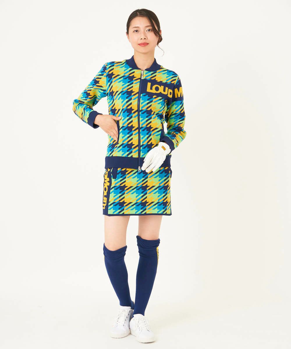 レディース 裏蓄熱軽量ニットジャケット千鳥柄 ターコイズ | LOUDMOUTH