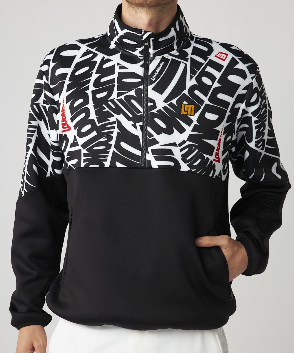 メンズ 軽量ダンボールニット 柄切替ハーフZIPブルゾン ブラック