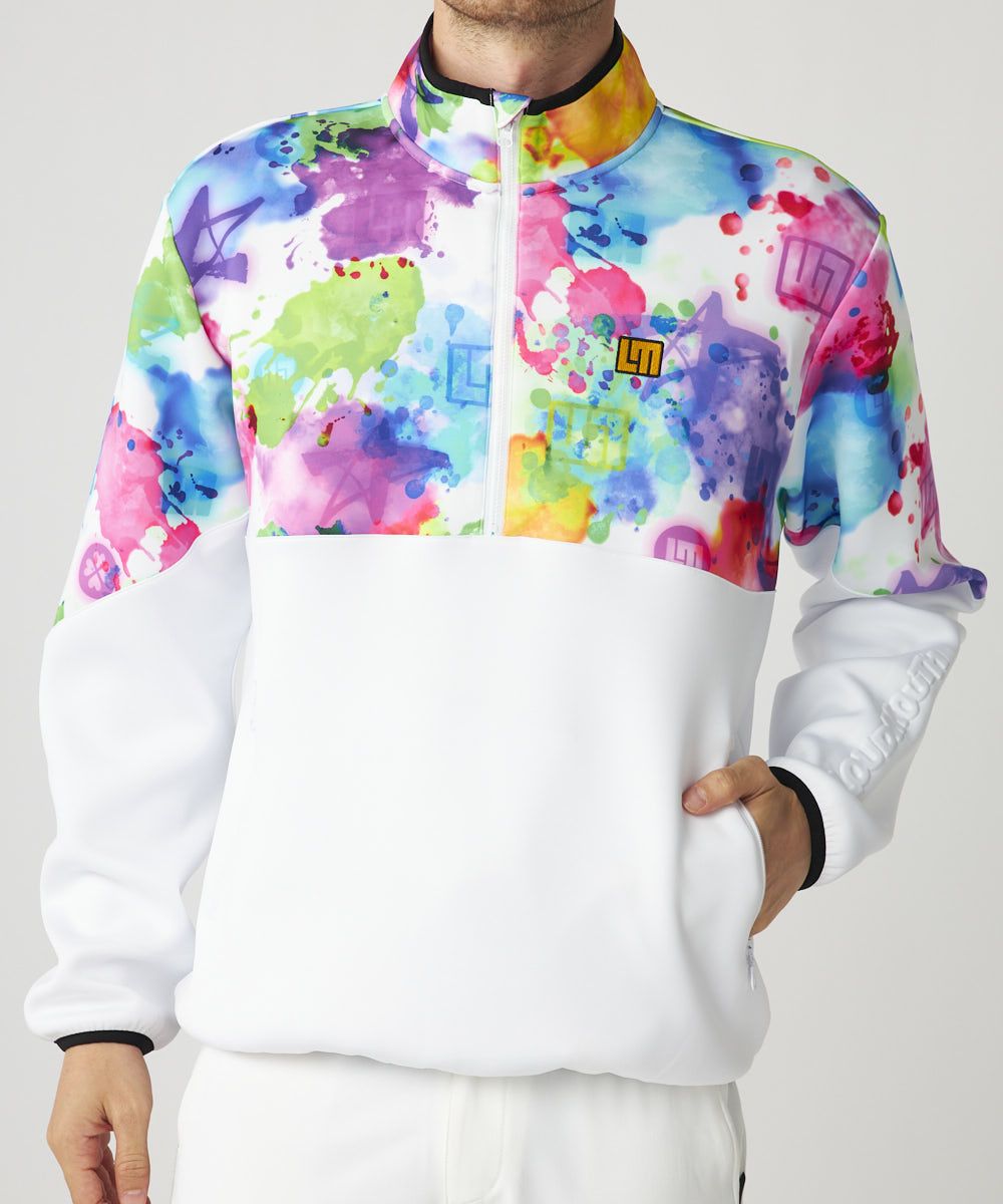 メンズ 軽量ダンボールニット 柄切替ハーフZIPブルゾン ホワイト