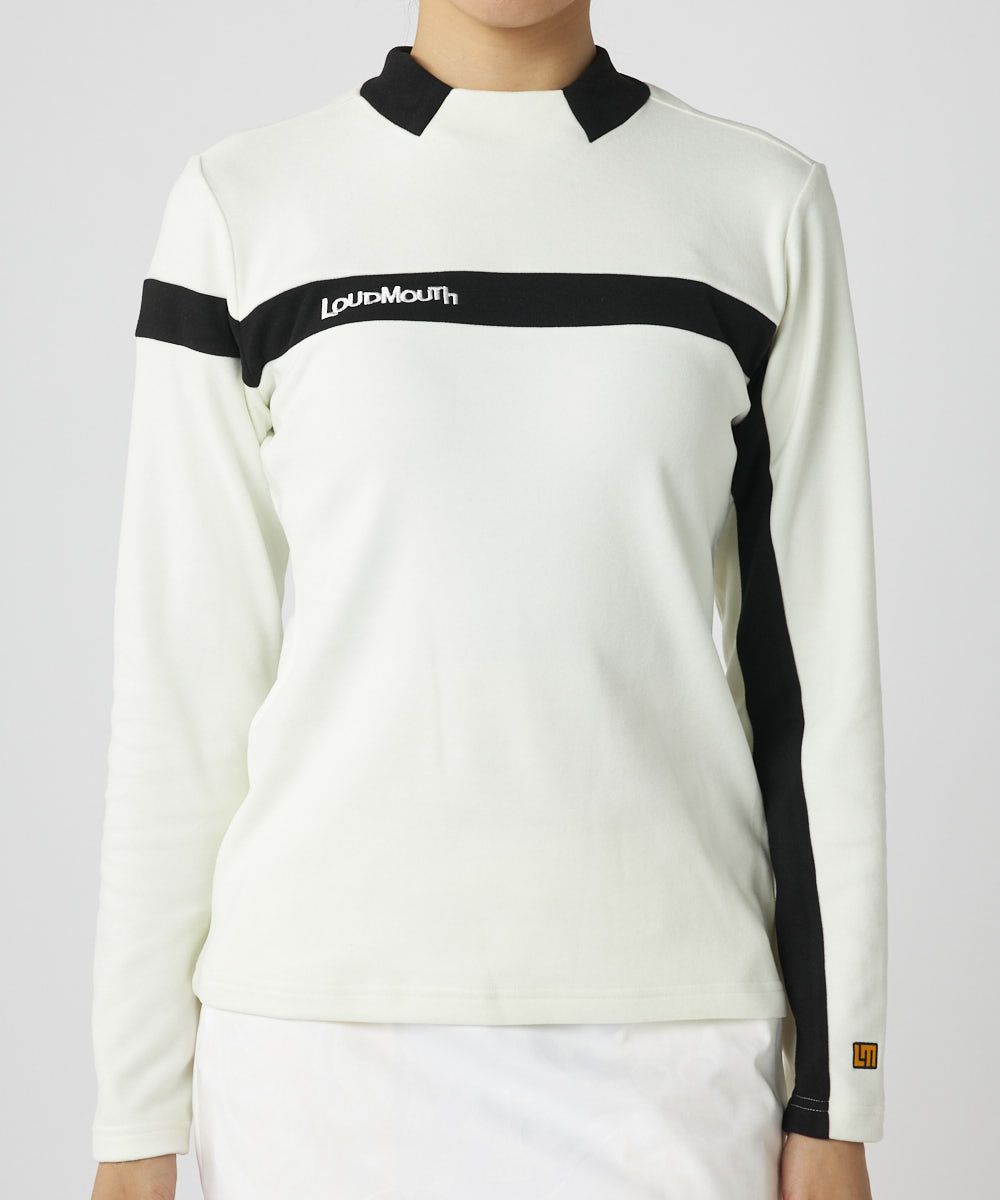 レディース 両面起毛スムース 長袖モックネックシャツ ホワイト