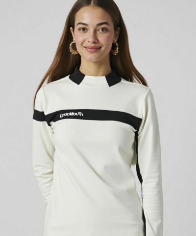 レディース 両面起毛スムース 長袖モックネックシャツ ホワイト