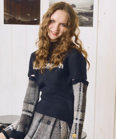 ★秋冬★ラウドマウス★ツイード調蓄熱ニットアームカバー付き半袖ニット★LL★BK レディース ツイード調蓄熱ニット アームカバー付き半袖ニット