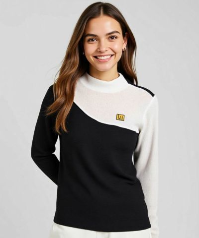 レディース メッシュトリコット モックネック長袖シャツ ブラック