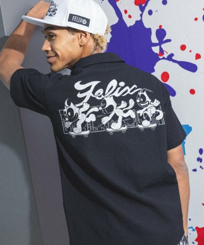 LOUDMOUTH×FELIX メンズ ニットサッカー 開襟シャツ ブラック