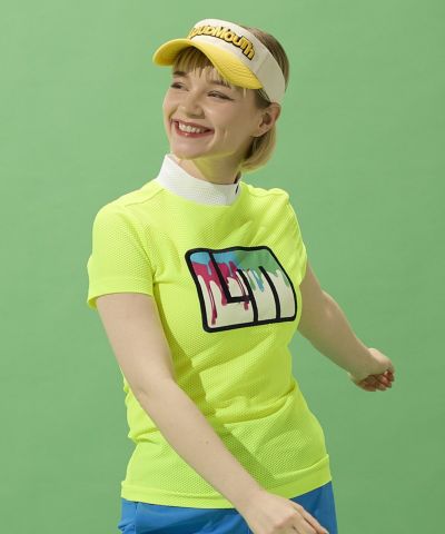 レディース メッシュトリコット モックネック半袖シャツ ライトイエロー