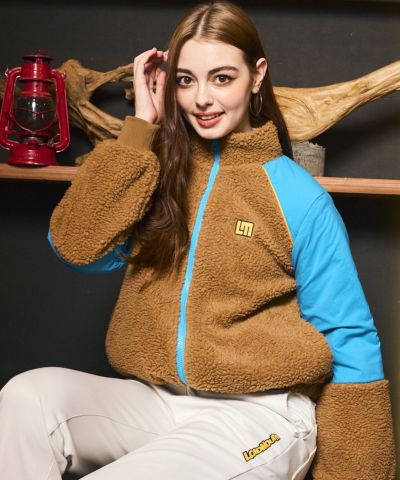 レディース ボア×タフタ配色ジップブルゾン チャコールグレー