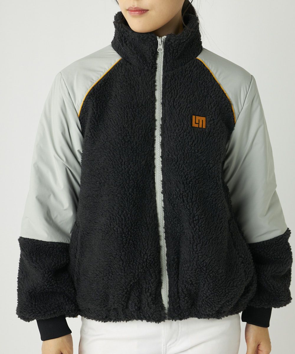 レディース ボア×タフタ配色ジップブルゾン チャコールグレー