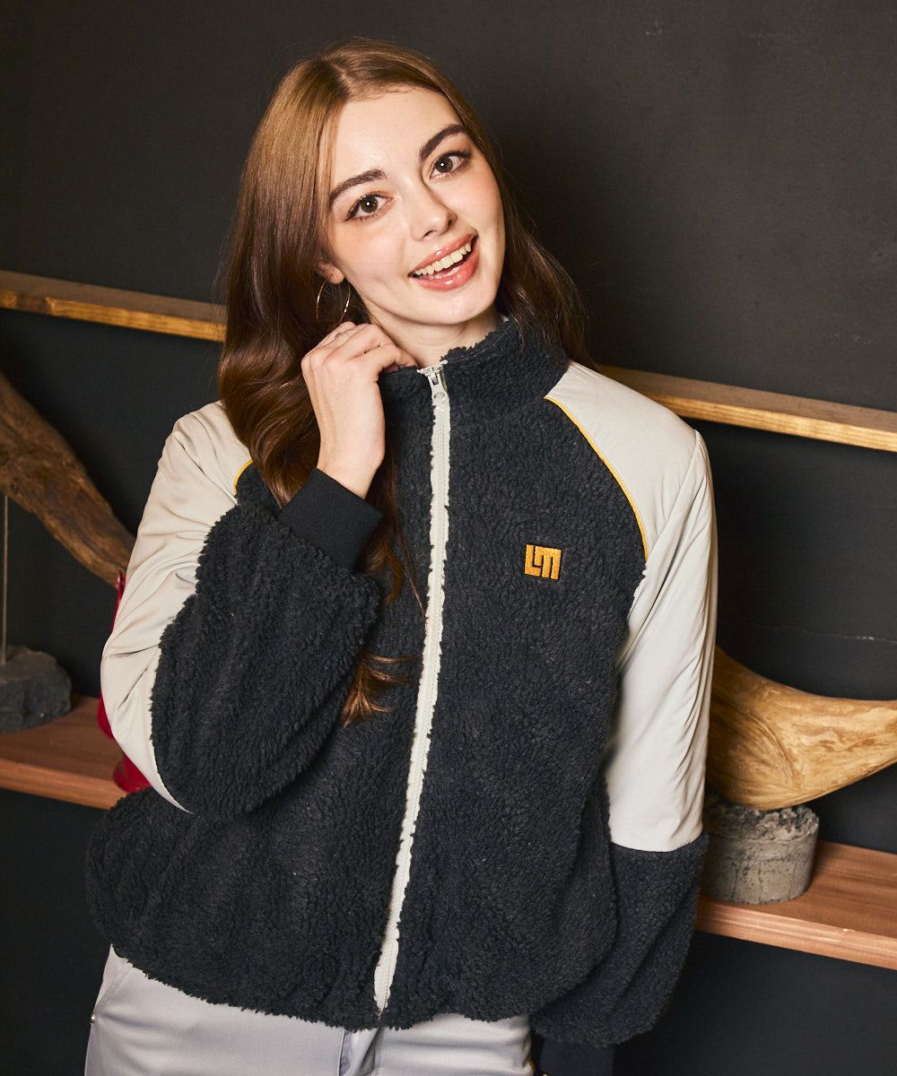 レディース ボア×タフタ配色ジップブルゾン チャコールグレー